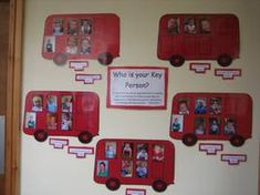 a bulletin board with red bus pictures on it