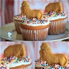 cupcakes with frosting and sprinkles shaped like dogs on them