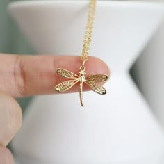 "Dragonfly necklace made of gold color dragonfly pendant with skinny gold plated brass chain. Soft and simple. Great for gift , everyday or special occasions. Your item will ship in a gift box. Please feel free to contact me if you have any questions. ♥ Length 14\" - 20\" ♥ Pendant Approx. 5/8\" x 7/8\" ♥ Gold plated over brass ♥ Delivery Time Fast shipping within 1 - 3 days ♥ See more Rudiana Accessories Rudiana.etsy.com" Dragonfly Accessories, Dragonfly Jewelry Necklace, Dragonfly Gifts, Pretty Jewelry Necklaces, Dragonfly Jewelry, Dragonfly Necklace, Dragonfly Pendant, Jewelry Stand, Girly Jewelry