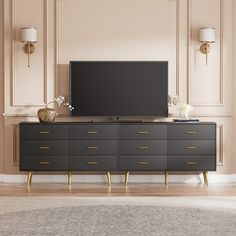 a living room scene with focus on the dresser and television screen in the corner,