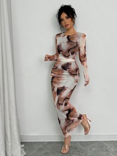 Elegant Gradient Long Sleeve Slimming Women Dress Maxi Women Outfit Multicolor Casual  Long Sleeve Mesh Fabric Tie Dye Bodycon Medium Stretch  Women Clothing, size features are:Bust: ,Length: ,Sleeve Length: Long Sleeve Fitted Dress, Mesh Bodycon Dress, Women Maxi, Women Outfit, Women Long Dresses, Long Sleeve Bodycon Dress, Dress Maxi, Mesh Dress, Elegant Dress