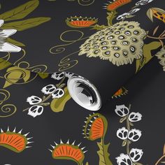 a black wallpaper with an orange and white flower pattern on the side, along with other floral designs