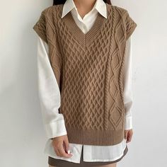 Camel Gtealife Women Vest Simple All-match Style V-neck Knitted Sweater Leisure Student Sleeveless Female Vintage Sweater Waistcoat Dark Academia Clothing, Oversized Vest, Women Vest, Y2k Sweater, Clothing Pieces, Sweater Vest Women, Collars For Women, Vintage Sweater, Pullover Designs