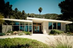 a modern house with trees and bushes around it