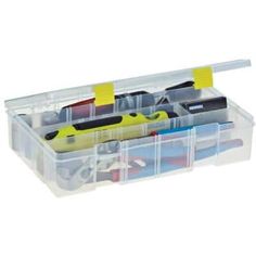 a plastic storage box filled with lots of tools