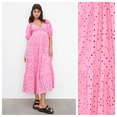 Nwt. Zara Pink Openwork Embroidered Midi V-Neck Dress With Short Balloon Sleeves, Embroidered Eyelet Detail. Interior Lining, Front Button Closure. Size L. Ref. 0881/303. Pit To Pit 18" Flat, Sleeves 15", Waist 19”, Length 50". W Chic V-neck Eyelet Dress, Summer V-neck Eyelet Dress, Spring Eyelet Midi Dress, Spring Eyelet Maxi Dress, Spring Eyelet Midi Dress For Brunch, Spring Brunch Eyelet Midi Dress, Summer Midi Dress With Cutwork Hem And Short Sleeves, Spring Midi Dress With Cutwork Hem And Short Sleeves, Spring Broderie Anglaise Maxi Dress