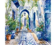 a watercolor painting of a hallway with potted plants and blue tiles on the walls