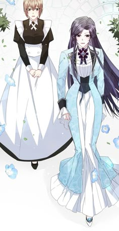 two anime characters are dressed in white and black outfits, one is wearing a blue dress