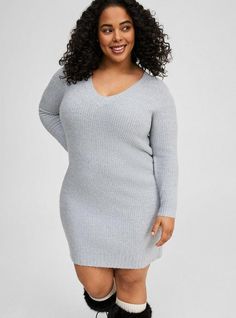 FIT Model is 5'10” wearing size 2. . Measures 44” from shoulder (size 2). . MATERIALS + CARE Vegan Cashmere fabric: A luxe, cashmere-like brushed fabric with a soft, cozy feel that’s never heavy. So easy to dress up or down. . Stretch level: Medium. . 35% acrylic, 25% polyester, 22% recycled polyester, 15% nylon, 3% spandex. . Machine wash cold. Dry flat. . Imported. . DETAILS V-shaped neckline. Long sleeves. . The best plus size women's vegan cashmere sweater mini dress dresses in light heather Trading Places, Grey Knit Dress, Sweater Mini Dress, Grey Maxi, New Street Style, Maxi Dress For Women, Cashmere Fabric, Grey Maxi Dress, Swimming Outfit