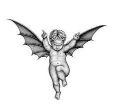 a black and white drawing of a little boy with wings on his back, flying