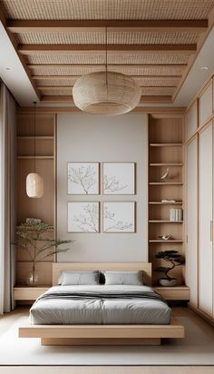 a large bed sitting in a bedroom next to a wooden shelf filled with vases