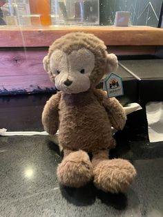 a brown teddy bear sitting on top of a counter