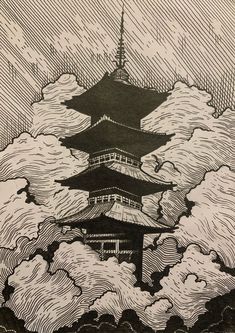 an ink drawing of a pagoda in the clouds