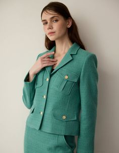 Elegant Green Tweed Jacket For Office, Elegant Green Tweed Blazer, Green Tweed Jacket For Work, Fitted Green Tweed Jacket With Welt Pockets, Green Tweed Outerwear For Office, Green Long Sleeve Tweed Jacket For Office, Green Skirt Suit For Fall, Tailored Green Tweed Outerwear, Tailored Green Tweed Jacket For Fall