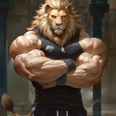 a painting of a lion with his arms crossed, wearing a black shirt and shorts