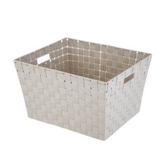 a white basket that is sitting on top of a table and it's empty