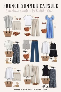 Discover the essentials of a chic French summer capsule wardrobe! Get inspired with 15 French summer outfits that showcase the best of Parisian chic style. Learn about French wardrobe essentials that embody classy, effortless fashion. Plus: French summer style, Parisian capsule wardrobe. French Inspired Outfits Summer, Outfit Capsule Summer, Summer Clothing Styles For Women, Chic Summer Capsule Wardrobe, Costal Fashion Outfit, Ralph Lauren Capsule Wardrobe, Italian Summer Capsule Wardrobe, Capsule Wardrobe Summer Travel, Summer Outfits 2024 Women