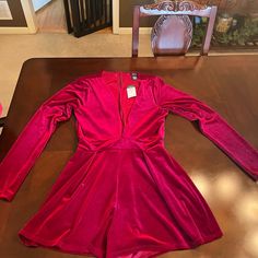 Brand New Short Romper Red Stretch Jumpsuits And Rompers For Fall, Red V-neck Jumpsuit For Fall, Red Long Sleeve Jumpsuits And Rompers For Fall, Red Long Sleeve Jumpsuits And Rompers For Date Night, Velvet Romper, Short Romper, Red Jumpsuit, Short Rompers, Red Velvet