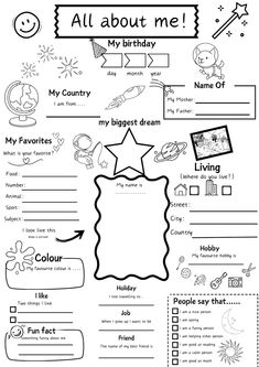 an all about me worksheet with pictures and words on the page, in black and