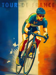 a man riding a bike on top of a blue and yellow background with the words tour de france