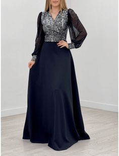 A-Line Evening Gown Sparkle & Shine Dress Formal Wedding Guest Floor Length Long Sleeve V Neck Chiffon with Glitter Pleats