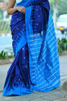 Festive Blue Handloom Pre-draped Saree, Traditional Blue Handloom Pre-draped Saree, Blue Art Silk Pre-draped Saree With Traditional Patterns, Blue Paithani Silk Pre-draped Saree With Traditional Drape, Blue Cotton Silk Traditional Wear, Blue Saree With Weaving Work For Wedding, Blue Pre-draped Saree With Motifs For Festivals, Blue Handloom Katan Silk Saree, Traditional Blue Pre-draped Saree For Festivals