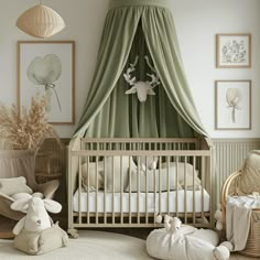 a baby's room is decorated in neutral colors