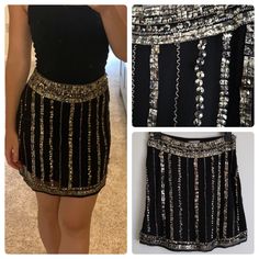 Unique And Sooo Pretty!! Black Skirt With Bronze/Gold Beads And Sequins. Brand New With Tag However There Are Two Parts On The Left Side That Are Missing Beads But It’s Not Very Noticeable Since It’s On The Side And There Are So Many Other Beads. That’s Shown In The Last Two Photos. There Are Also Some Loose Beads. No Holes Rips Or Stains Though. Approx 14 Inches Across And Approx 15 Inches Length. Adorable Skirt! Embellished Black Skirt For Party, Embellished Black Party Skirt, Embellished Black Skirt For Party Season, Black Embellished Evening Skirt, Black Embellished Skirt For Evening, Evening Embellished Black Skirt, Evening Black Embellished Skirt, Elegant Embellished Black Skirt, Black Embellished Summer Skirt