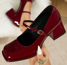 Dark Red Heels Classy, Wine Red Mary Janes, Chunky Pumps Outfit, Cute Closed Toe Shoes, Burgundy Kitten Heels, Burgundy Mary Janes Outfit, Burgundy Mary Janes, Cherry Red Shoes, Red Maryjanes