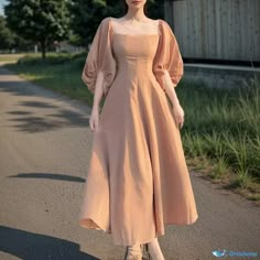 Orcajump - Vintage-Inspired Palace Neck Puff-Sleeve Princess Dress in Khaki - Elegant and Charming Gaun Koktail, Vintage Palace, Dressing Ideas, Women Dresses Classy, Modest Dresses Casual, Fancy Dresses Long, Elegant Dresses Classy, Trendy Dress Outfits, Korean Fashion Dress