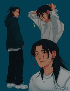 two anime characters with long black hair and white shirts, one is holding his head in the air