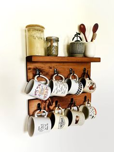 Coffee mug shelf with 4 mug hooks. Cup Rack Shelf, Cubby For Coffee Mugs, Coffee Mug Display Coffee & Tea Cups, Coffee Cups On Wine Rack, Coffe Mug Chair, Kcups In Glass Storage, Mug Shelf Display Tall, Mug Cabinet Hooks, Vertical Coffee Mug Rack Wall