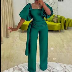 Beautiful Square Neck, High Waisted, Lantern Short Sleeve Jumpsuit. Inseam 30" (See Photo). Never Worn, Excellent Condition. Back Zipper Thigh High Leggings, Classy Jumpsuit, Collar Jumpsuit, Wrap Jumpsuit, Jumpsuit Chic, Jumpsuit Elegant, Green Jumpsuit, Plus Size Jumpsuit, Latest African Fashion Dresses