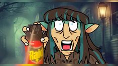 a cartoon character with long hair holding a beer bottle in front of her face and screaming