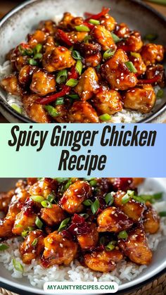 two pictures with the words spicy ginger chicken recipe in front of it and an image of rice