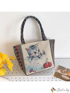 Bird in Bag - Casual Tote Bag for Cats Rectangular Bag With Animal Design For Daily Use, Rectangular Bags With Animal Design For Daily Use, Rectangular Animal Design Bag For Daily Use, Beige Rectangular Bag With Cat Design, Daily Use Rectangular Canvas Bag With Cat Design, Cute Cat Design Rectangular Shoulder Bag, Cute Cat Design Shoulder Bag For Daily Use, Cute Shoulder Bag With Cat Design, Casual Satchel Shoulder Bag With Cat Design