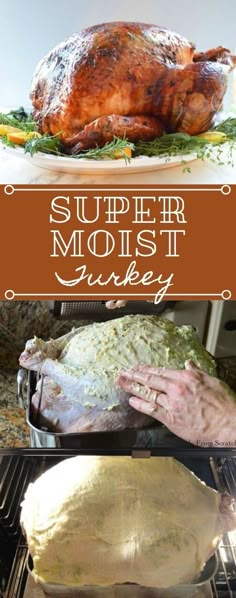 a turkey is being cooked in an oven with the words super moist turkey on it