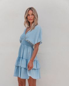 This Sylvie Smock Tiered Mini Dress in Chambray is made of 100% Tencel fabric for a soft and lightweight feel! With a dropped shoulder, smocked waist, and tiered mini length, this dress is both comfortable and stylish. Perfect for any occasion, it is easy to dress up or down. Pair with knee high boots, simple gold jewelry, and a cute little clutch for casual chic fall outfit! Casual Chic Fall Outfits, Casual Chic Fall, Simple Gold Jewelry, Chic Fall Outfit, Sorority Rush Outfits, Rush Outfits, Gameday Dress, Loungewear Dresses, Tiered Mini Dress