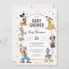 a mickey mouse baby shower is shown on the front and back of a card with an image of cartoon characters