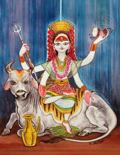 a painting of a woman sitting on top of a cow next to a vase and utensils