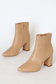 Chic Nude Boots - Pointed-Toe Boots - Vegan Leather Ankle Boots - Lulus Classic Black Boots, Beige Ankle Boots, Trendy Block Heels, Nude Boots, Chic Boots, Womens Black Booties, Mid Heels Pumps, Pointed Toe Boots, Pretty Shoes