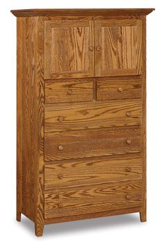 a wooden dresser with three drawers and two doors on the top shelf, in an oak finish