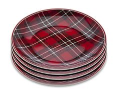 red plaid dinner plates stacked on top of each other