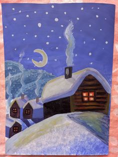 a painting of a cabin in the snow with a full moon and stars above it