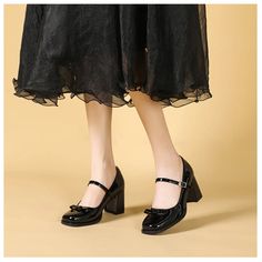 Tavimart Black bow retro high heels Mary Jane College women's single shoes