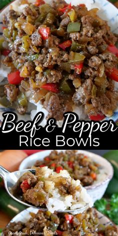 Collage of overhead shot of beef pepper rice bowl at top and closeup of spoonful of beef, pepper, and rice over bowl of more beef and pepper at bottom. Pepper Rice, Seasoned Ground Beef, Dinner With Ground Beef, Beef Casserole Recipes, Think Food, Beef Recipes Easy, Green Bell Peppers, Beef Dinner, Beef Recipes For Dinner