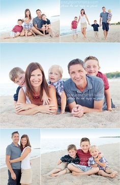 an image of a family on the beach with their parents and two children, all posing for