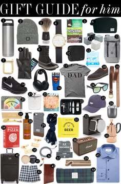 the ultimate gift guide for him is shown in black and white, with lots of different items