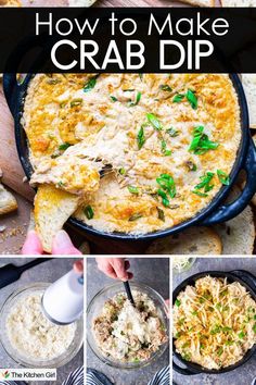 A collage showing a hot crab dip in a skillet garnished with green onions, served with bread. Below are preparation steps: blending ingredients, mixing crab with cheese, and adding green onions. Text reads How to Make Hot Crab Dip. Easy Crab Dip Recipe, Easy Hot Crab Dip, Easy Crab Dip, Crabmeat Dip, Crab Dip Appetizers, Crab Dip Recipe, Dip Recipes Hot, Cold Dips, Hot Crab Dip