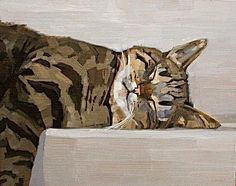 a painting of a cat laying on top of a white box with its eyes closed